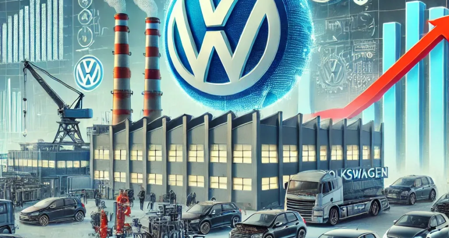 A digital artwork showing a Volkswagen factory, machinery, and vehicles in the foreground, with sleek Chinese electric vehicles in the backdrop, and symbols of economic challenges like graphs and currency icons.