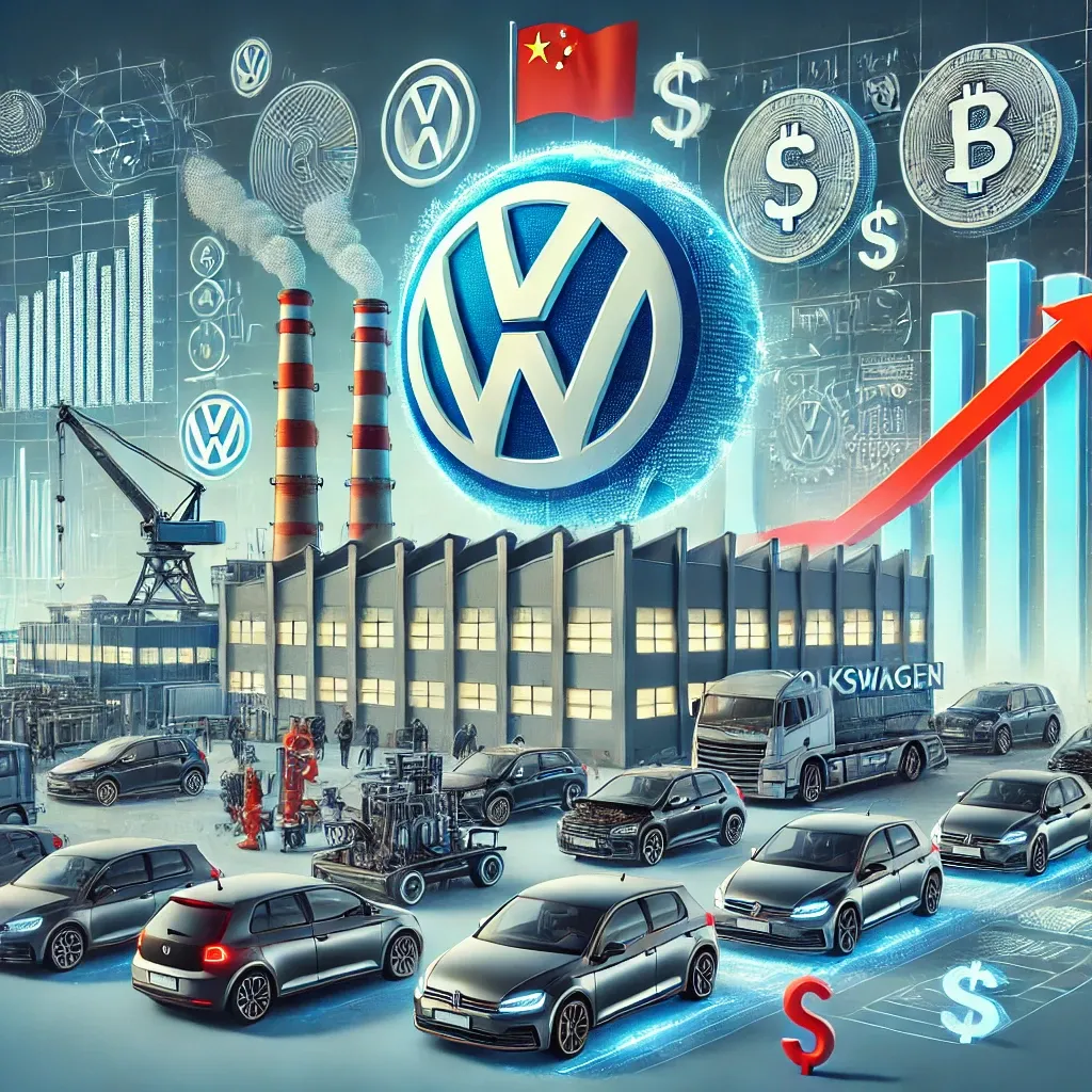 A digital artwork showing a Volkswagen factory, machinery, and vehicles in the foreground, with sleek Chinese electric vehicles in the backdrop, and symbols of economic challenges like graphs and currency icons.
