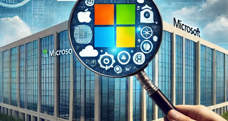 A digital artwork featuring a Microsoft corporate building with symbols of legal scrutiny, such as a magnifying glass, justice scales, and cloud service icons, representing the FTC's antitrust probe.