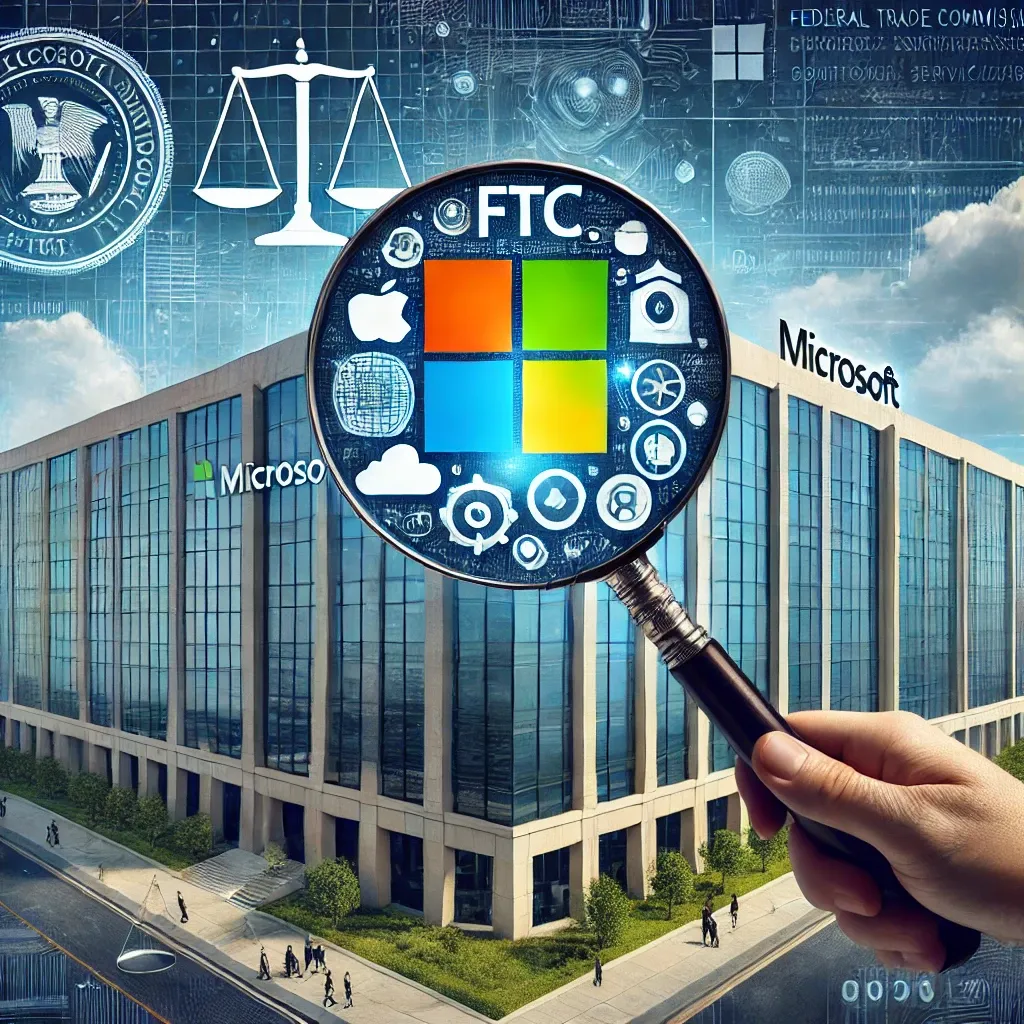 A digital artwork featuring a Microsoft corporate building with symbols of legal scrutiny, such as a magnifying glass, justice scales, and cloud service icons, representing the FTC's antitrust probe.