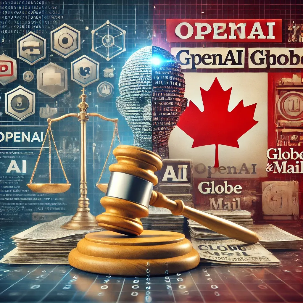 A digital artwork showing a courtroom scene symbolizing the legal conflict between Canadian news publishers and OpenAI, with a gavel, scales of justice, OpenAI’s logo, and Canadian media icons.