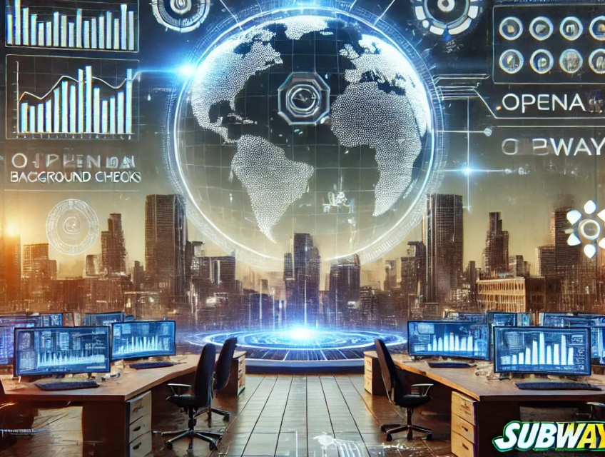 A digital artwork featuring a futuristic office with digital screens displaying background check data, upward-trending graphs, and a world map symbolizing Checkr Group's global expansion.