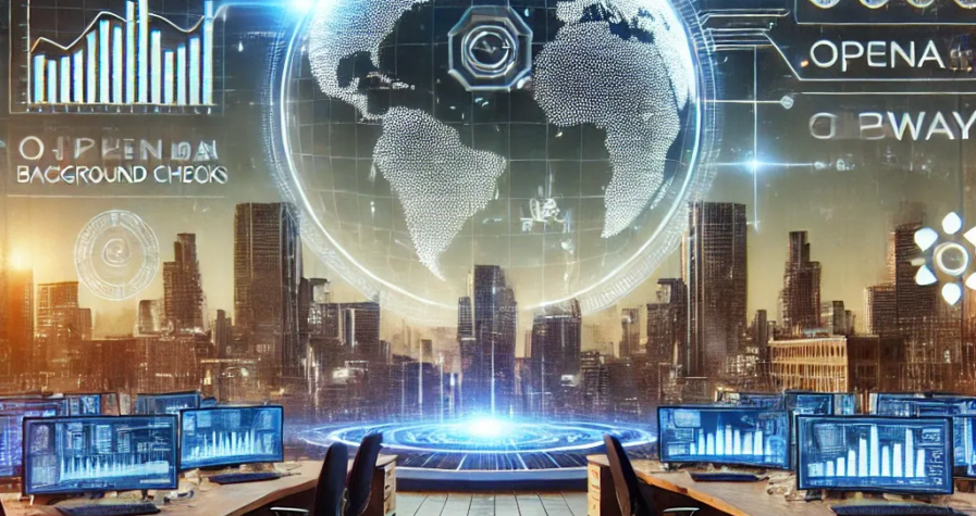A digital artwork featuring a futuristic office with digital screens displaying background check data, upward-trending graphs, and a world map symbolizing Checkr Group's global expansion.