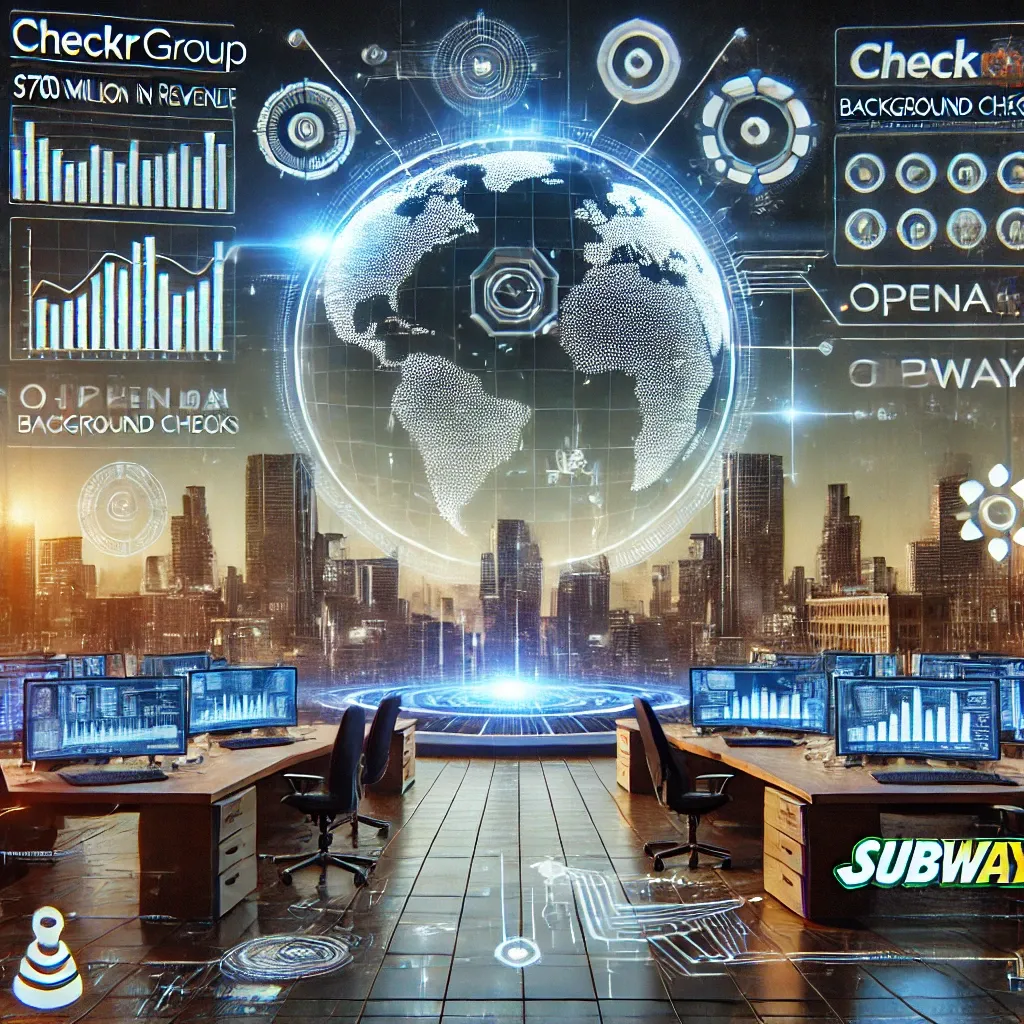 A digital artwork featuring a futuristic office with digital screens displaying background check data, upward-trending graphs, and a world map symbolizing Checkr Group's global expansion.