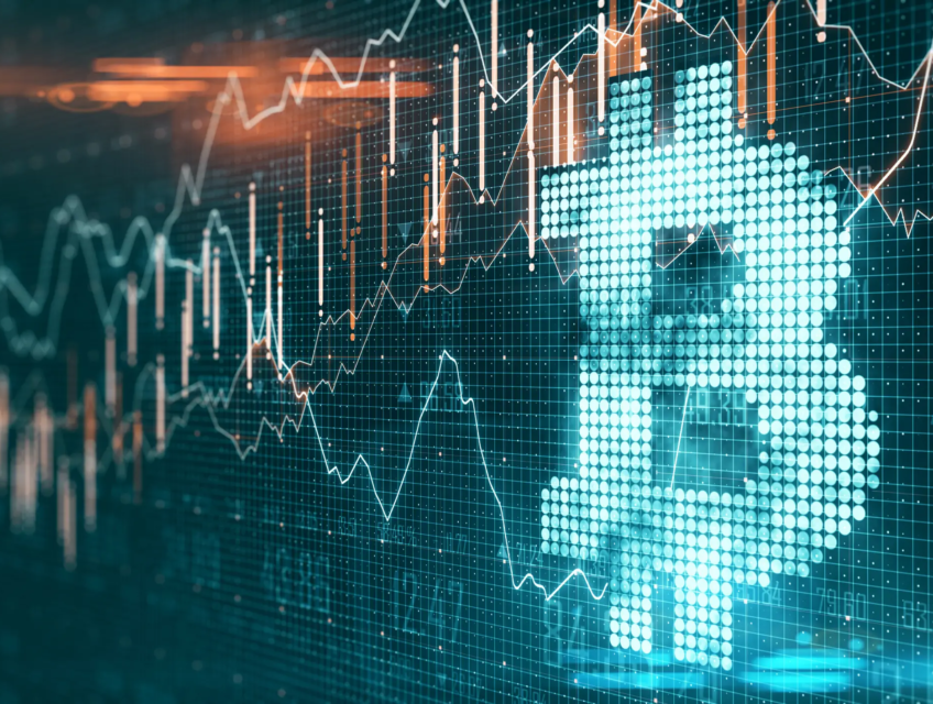 Digital representation of Bitcoin symbol with rising stock market charts and data, symbolizing the growth and volatility of the cryptocurrency market