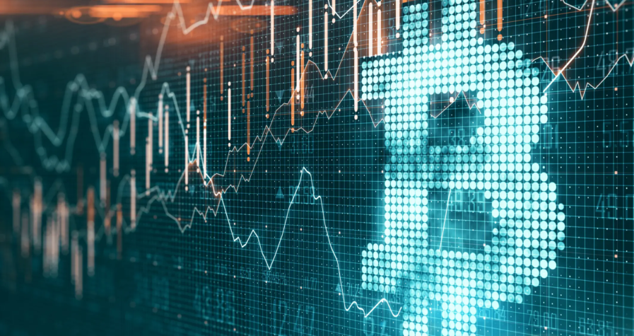 Digital representation of Bitcoin symbol with rising stock market charts and data, symbolizing the growth and volatility of the cryptocurrency market