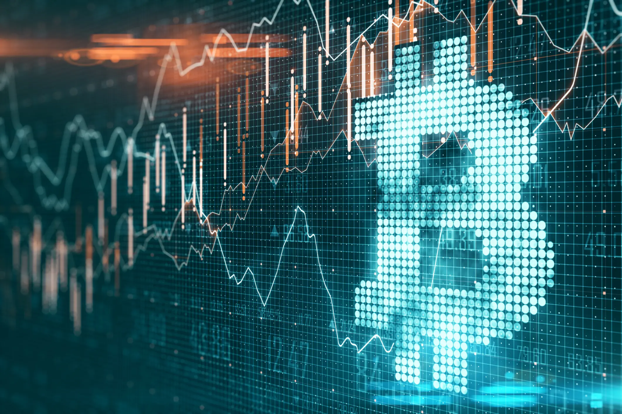 Digital representation of Bitcoin symbol with rising stock market charts and data, symbolizing the growth and volatility of the cryptocurrency market