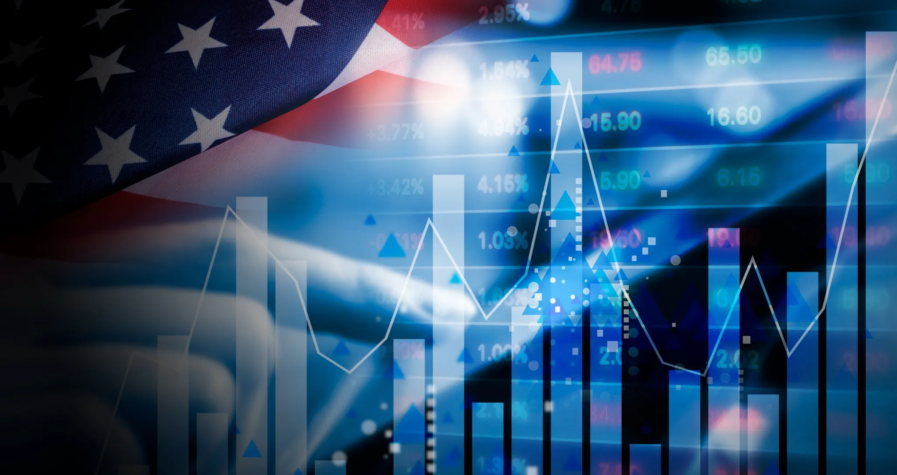 An abstract representation of US economic growth with the American flag and financial data charts.