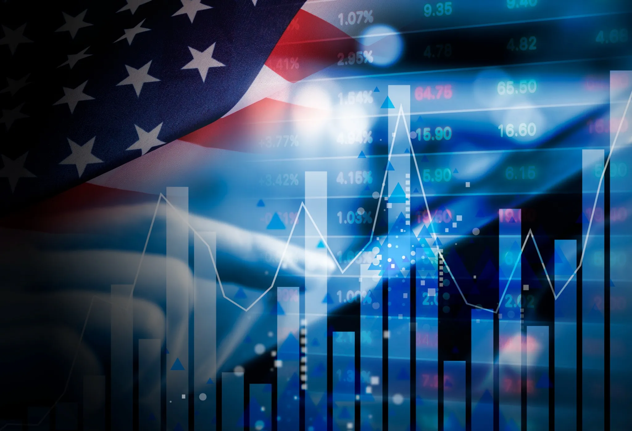 An abstract representation of US economic growth with the American flag and financial data charts.