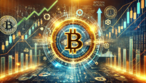 Illustration dynamique des contrats à terme Bitcoin avec un symbole central brillant entouré de graphiques de marché et de flèches indiquant la volatilité