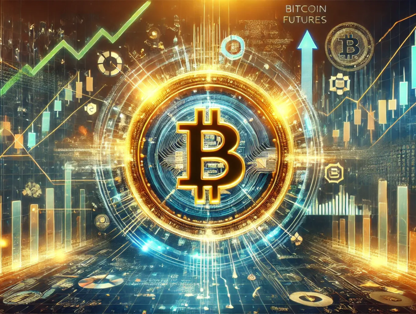 Illustration dynamique des contrats à terme Bitcoin avec un symbole central brillant entouré de graphiques de marché et de flèches indiquant la volatilité