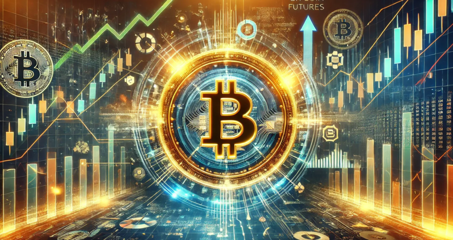 Illustration dynamique des contrats à terme Bitcoin avec un symbole central brillant entouré de graphiques de marché et de flèches indiquant la volatilité