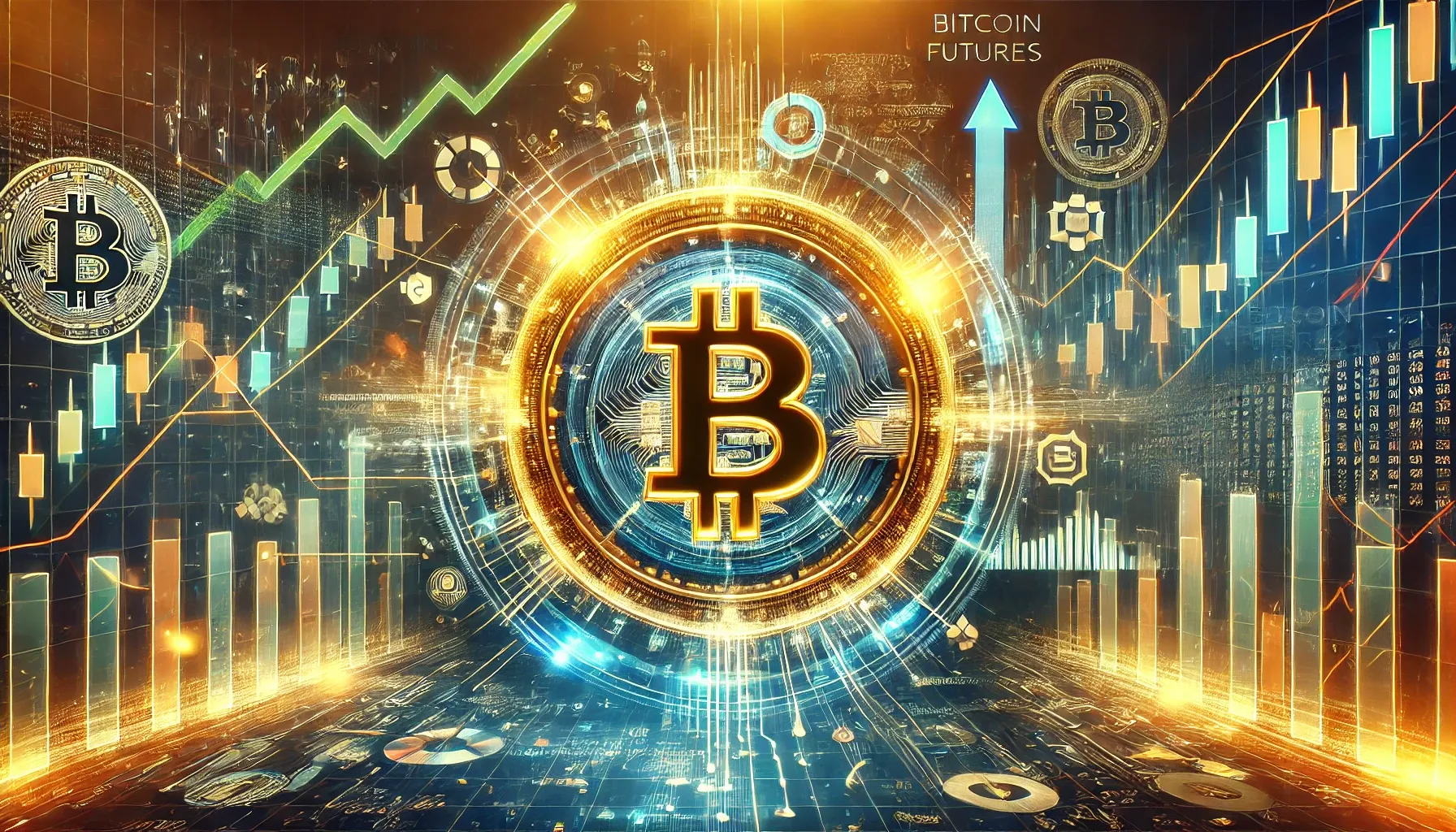 Illustration dynamique des contrats à terme Bitcoin avec un symbole central brillant entouré de graphiques de marché et de flèches indiquant la volatilité