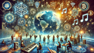 Illustration futuriste montrant l'impact de la Blockchain et du Web3 Media sur la création de contenu et la décentralisation.