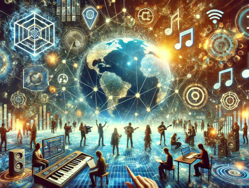 Illustration futuriste montrant l'impact de la Blockchain et du Web3 Media sur la création de contenu et la décentralisation.