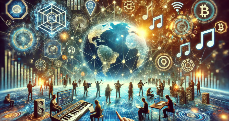 Illustration futuriste montrant l'impact de la Blockchain et du Web3 Media sur la création de contenu et la décentralisation.