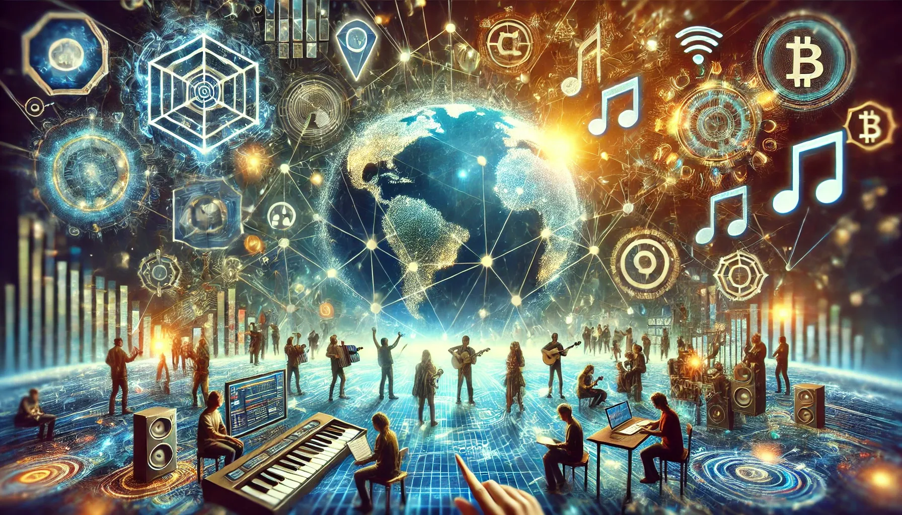 Illustration futuriste montrant l'impact de la Blockchain et du Web3 Media sur la création de contenu et la décentralisation.