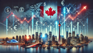 Illustration des investissements directs étrangers au Canada avec des graphiques financiers brillants, le paysage urbain et des symboles monétaires