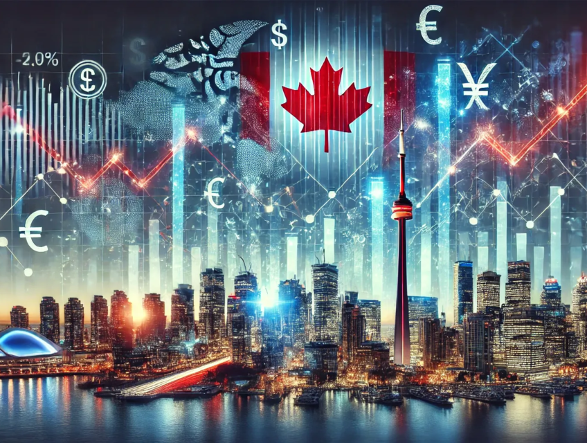 Illustration des investissements directs étrangers au Canada avec des graphiques financiers brillants, le paysage urbain et des symboles monétaires