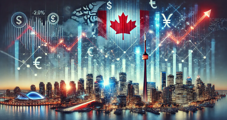 Illustration des investissements directs étrangers au Canada avec des graphiques financiers brillants, le paysage urbain et des symboles monétaires