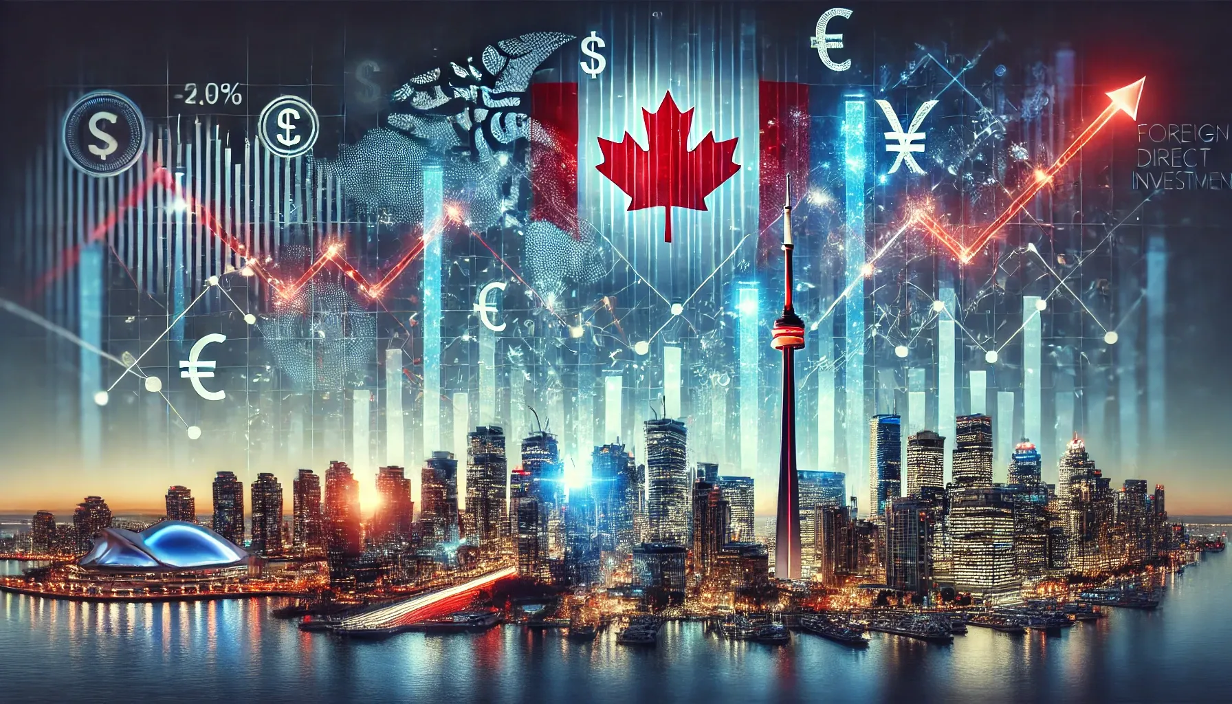 Illustration des investissements directs étrangers au Canada avec des graphiques financiers brillants, le paysage urbain et des symboles monétaires