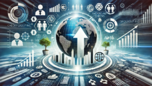 Illustration de la croissance et de l'innovation de Checkr Group avec des icônes de vérifications, un globe pour l'expansion internationale et des secteurs divers.