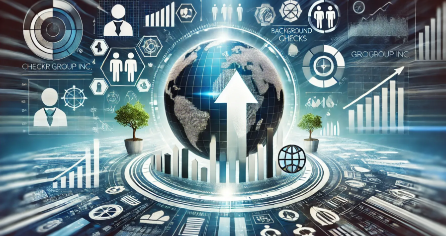 Illustration de la croissance et de l'innovation de Checkr Group avec des icônes de vérifications, un globe pour l'expansion internationale et des secteurs divers.