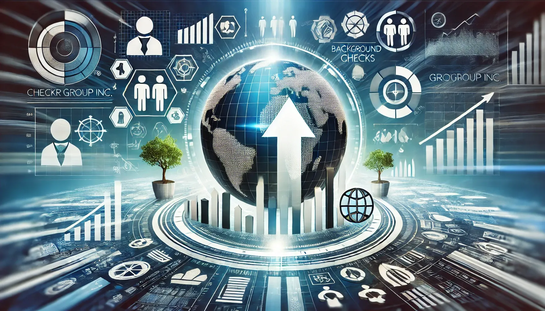 Illustration de la croissance et de l'innovation de Checkr Group avec des icônes de vérifications, un globe pour l'expansion internationale et des secteurs divers.