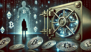 Illustration de l'exclusion financière dans l'industrie crypto avec une porte de coffre verrouillée et des symboles de blockchain dispersés.