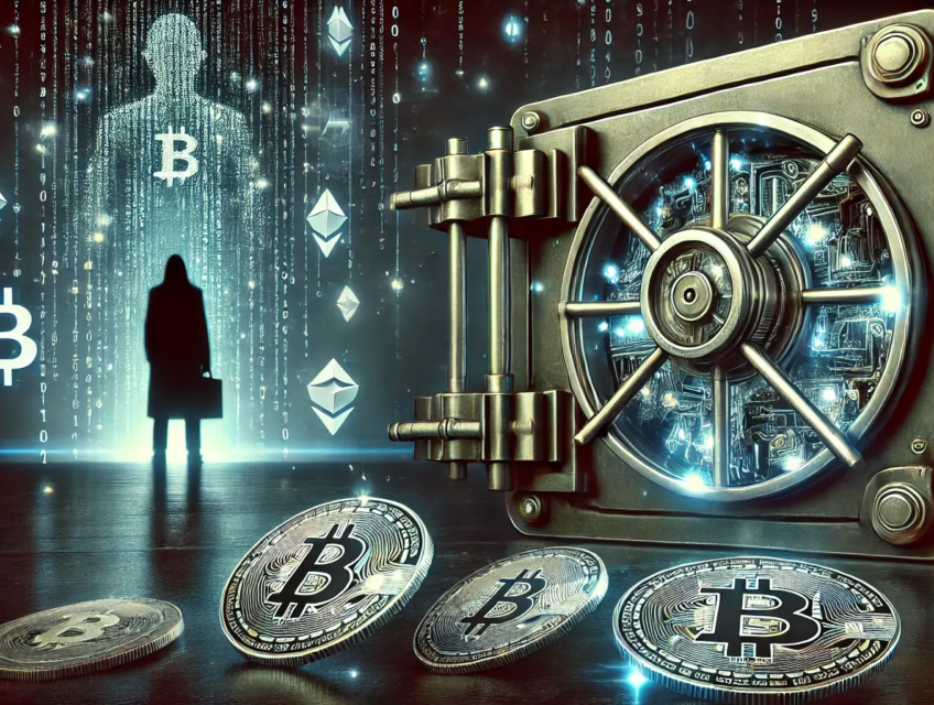 Illustration de l'exclusion financière dans l'industrie crypto avec une porte de coffre verrouillée et des symboles de blockchain dispersés.