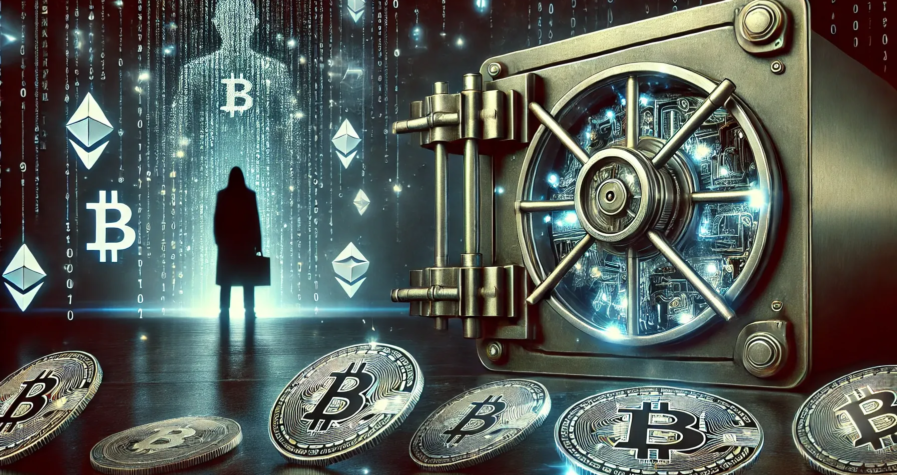 Illustration de l'exclusion financière dans l'industrie crypto avec une porte de coffre verrouillée et des symboles de blockchain dispersés.