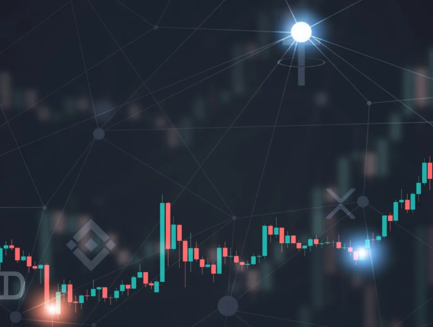 Cryptocurrency market trends illustrated with candlestick charts, showcasing dynamic price movements and interconnected blockchain symbols.