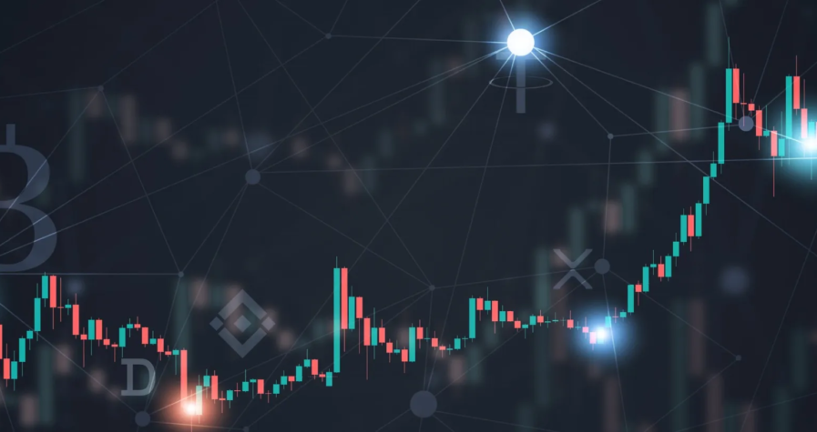 Cryptocurrency market trends illustrated with candlestick charts, showcasing dynamic price movements and interconnected blockchain symbols.