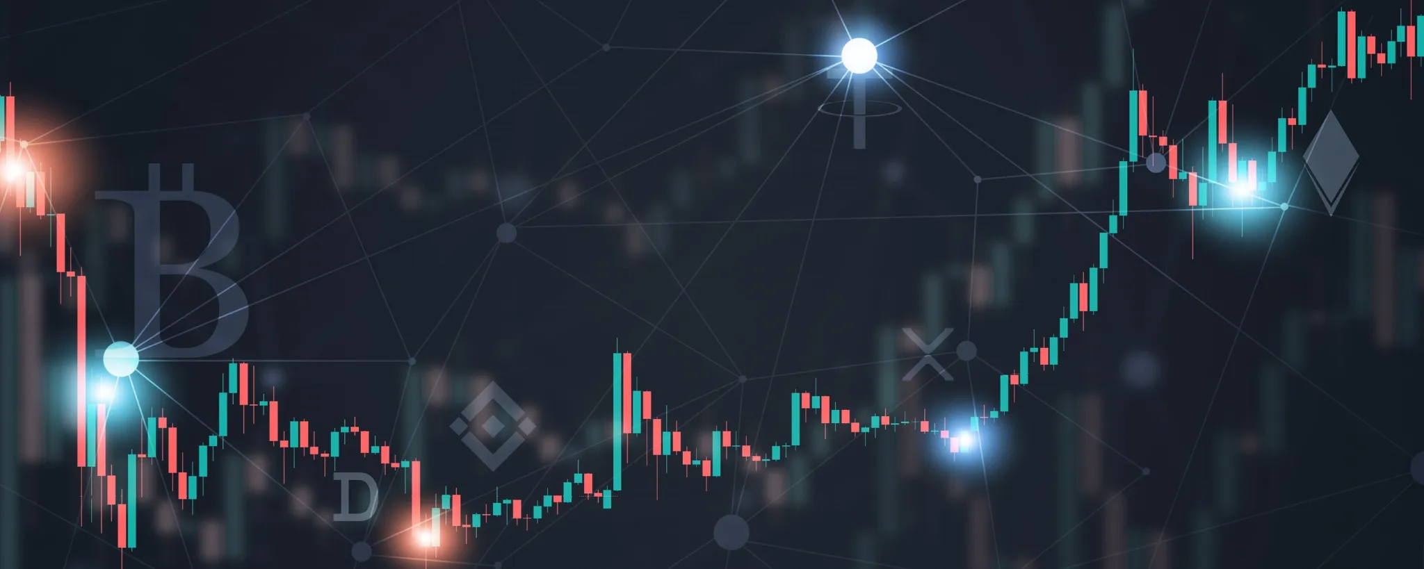 Cryptocurrency market trends illustrated with candlestick charts, showcasing dynamic price movements and interconnected blockchain symbols.