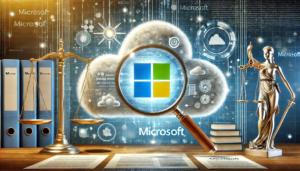 Illustration d'une enquête réglementaire sur Microsoft, mettant en avant son logo sous une loupe et des éléments juridiques et technologiques.
