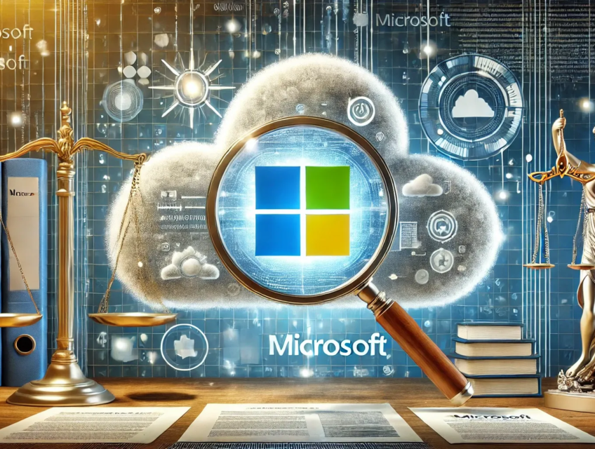 Illustration d'une enquête réglementaire sur Microsoft, mettant en avant son logo sous une loupe et des éléments juridiques et technologiques.
