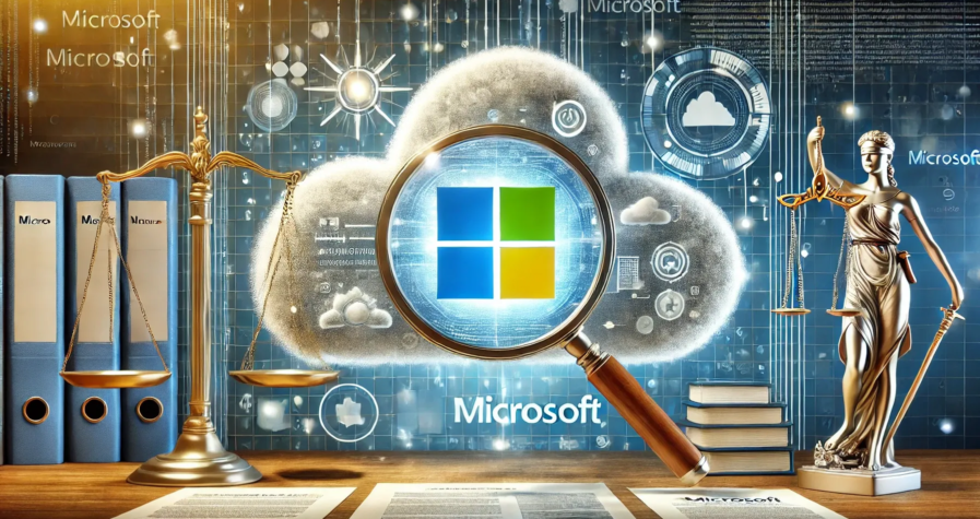 Illustration d'une enquête réglementaire sur Microsoft, mettant en avant son logo sous une loupe et des éléments juridiques et technologiques.
