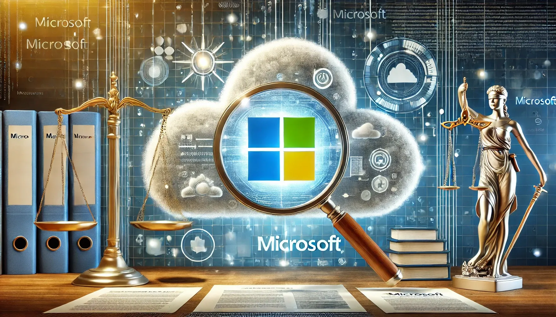 Illustration d'une enquête réglementaire sur Microsoft, mettant en avant son logo sous une loupe et des éléments juridiques et technologiques.
