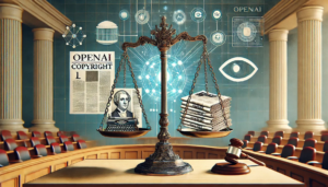 Illustration de la bataille juridique entre OpenAI et les éditeurs canadiens sur le droit d'auteur, avec une balance de la justice et des journaux.