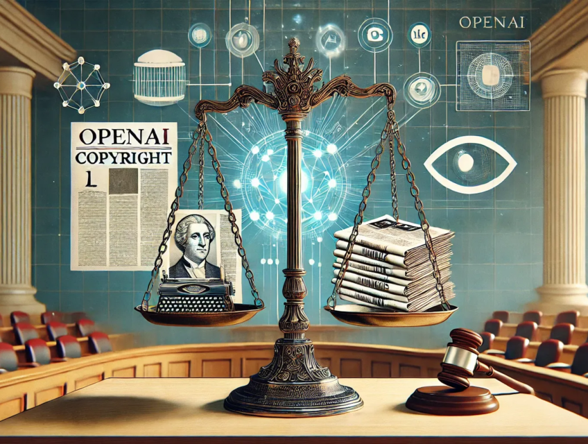 Illustration de la bataille juridique entre OpenAI et les éditeurs canadiens sur le droit d'auteur, avec une balance de la justice et des journaux.