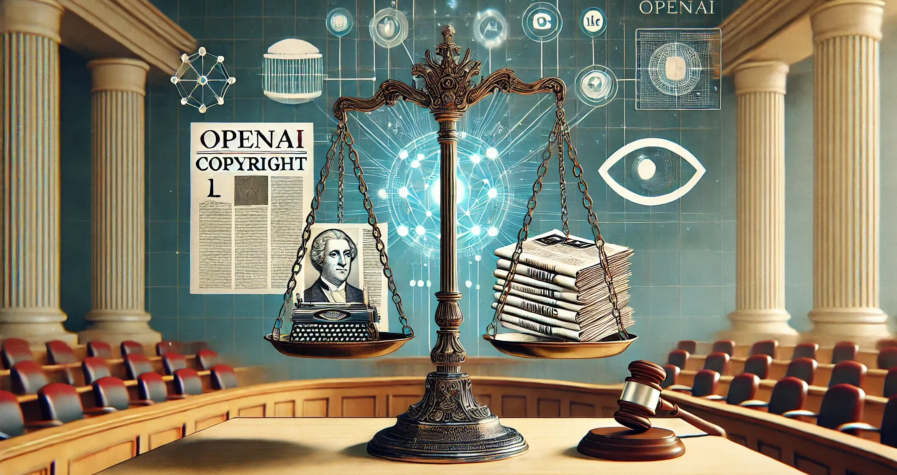 Illustration de la bataille juridique entre OpenAI et les éditeurs canadiens sur le droit d'auteur, avec une balance de la justice et des journaux.