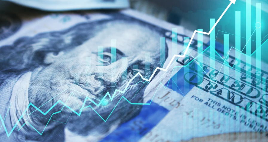 Close-up of a US dollar bill overlaid with a growing financial graph, symbolizing rising inflation and economic trends