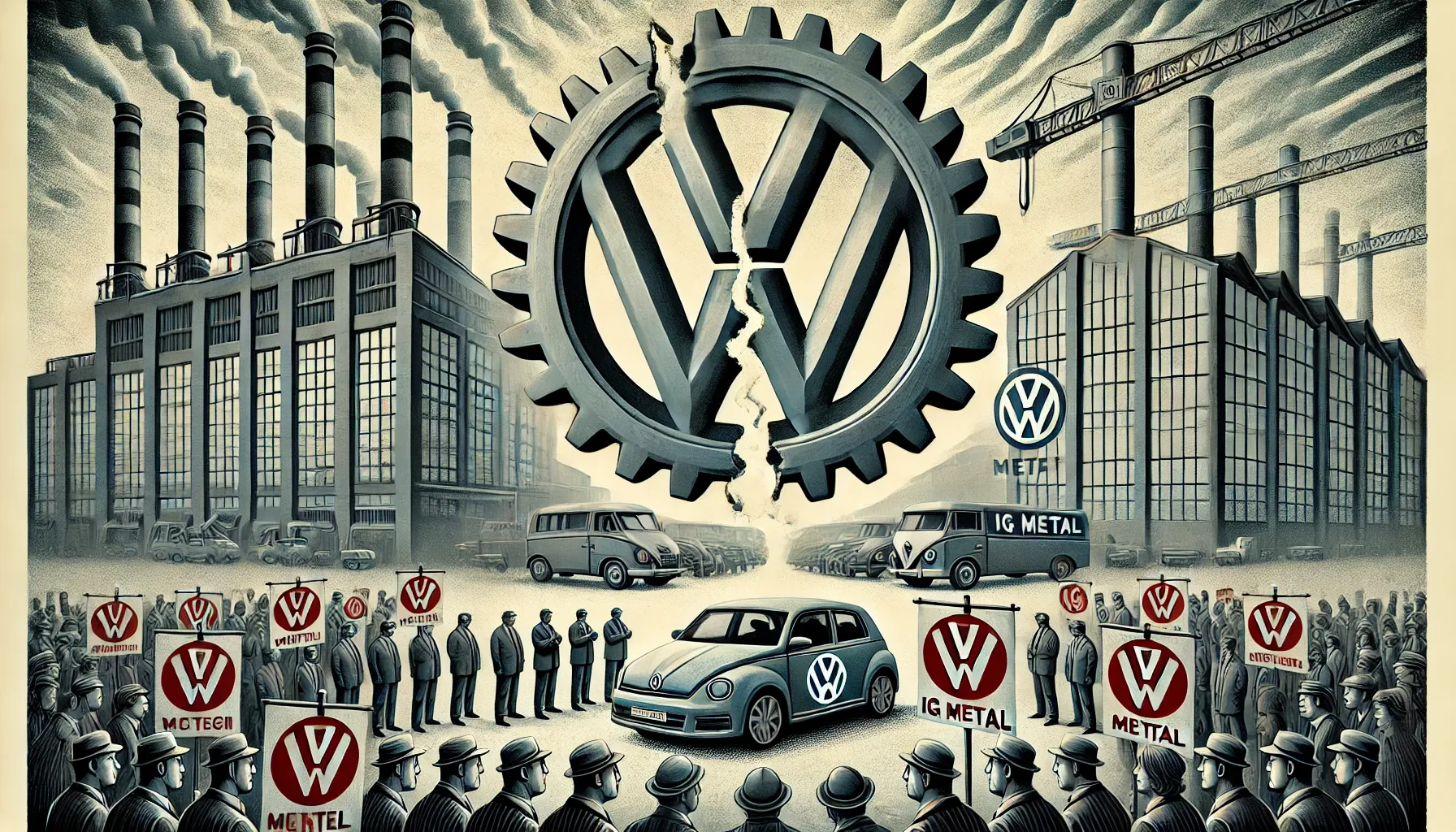 Illustration des tensions entre Volkswagen et IG Metall avec un logo divisé et des ouvriers tenant des bannières dans une usine.