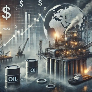 A realistic digital illustration showcasing the global oil market dynamics in 2024, featuring an offshore oil platform, a refinery emitting light smoke, and a fluctuating oil price chart overlay in the background, with industrial greys and metallic tones symbolizing economic and geopolitical themes.