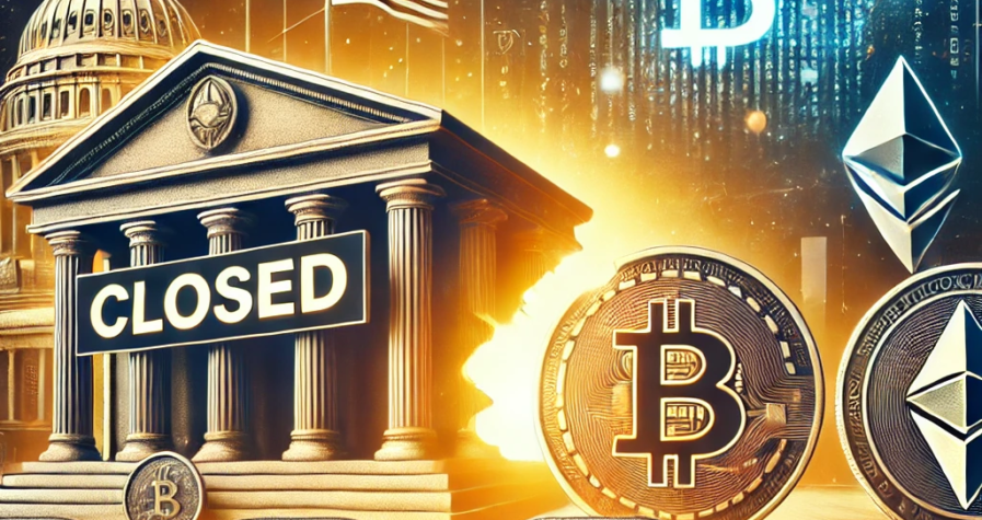 A digital artwork showing a blockchain theme with a broken chain symbolizing financial exclusion, a silhouette of a closed bank, and crypto coins like Bitcoin and Ethereum in the foreground.