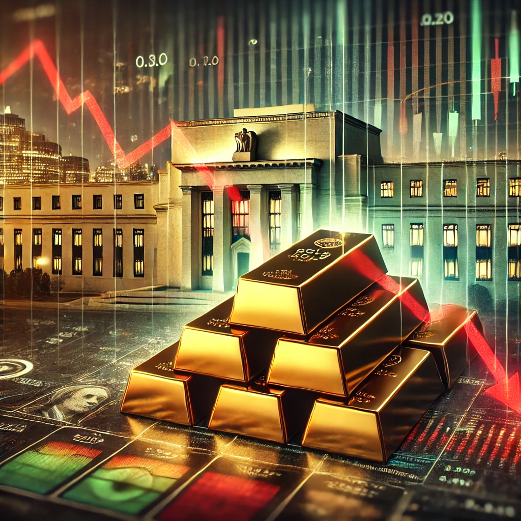 A striking image showcasing a stack of gold bars with a downward graph, symbolizing market volatility influenced by Federal Reserve policies and inflation data.