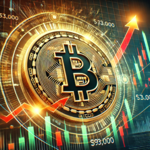 Une illustration dynamique montrant les mouvements du marché de Bitcoin, avec un symbole doré, un graphique financier fluctuant, et des niveaux clés comme 93 000 $ et 100 000 $. L'image combine une esthétique moderne et des éléments de blockchain, évoquant la volatilité et les opportunités du marché des crypto-monnaies