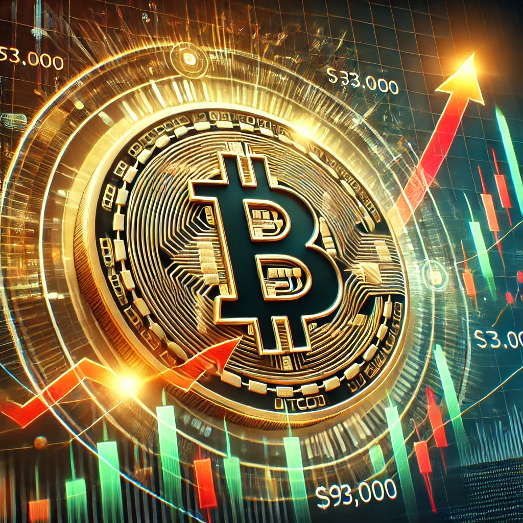 Une illustration dynamique montrant les mouvements du marché de Bitcoin, avec un symbole doré, un graphique financier fluctuant, et des niveaux clés comme 93 000 $ et 100 000 $. L'image combine une esthétique moderne et des éléments de blockchain, évoquant la volatilité et les opportunités du marché des crypto-monnaies