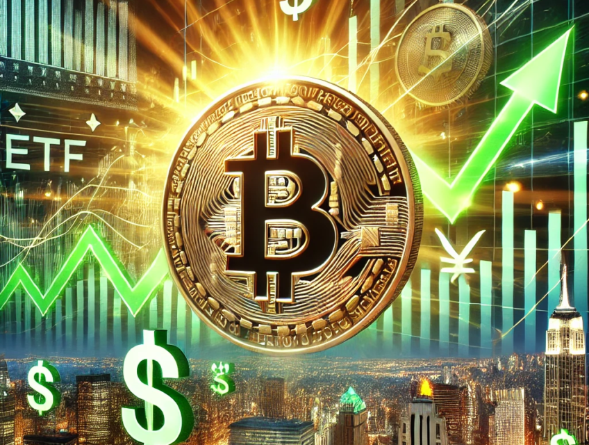 Illustration de l'ascension de Bitcoin : un graphique haussier avec un symbole Bitcoin doré, des icônes ETF et des signes de dollars montrant l'afflux massif de capitaux.