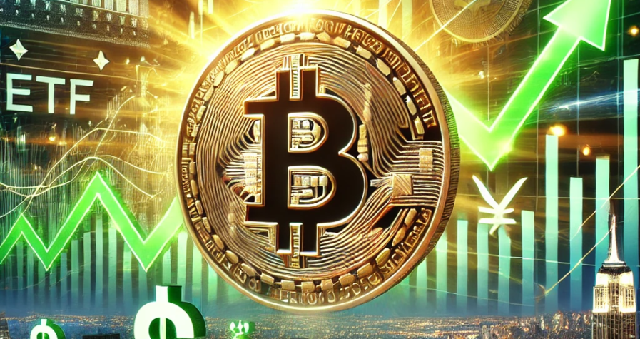 Illustration de l'ascension de Bitcoin : un graphique haussier avec un symbole Bitcoin doré, des icônes ETF et des signes de dollars montrant l'afflux massif de capitaux.